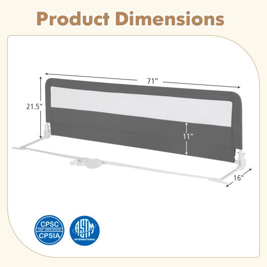 71 Inch Extra Long Swing Down Bed Guardrail with Safety Straps-Gray