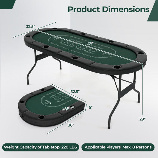 72 Inch Foldable Poker Table for 8 Players Portable Oval Card Board Game Table-Green