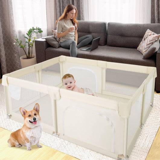75 x 59 Inch Large Baby Playpen with Breathable Mesh and Zipper Doors-Beige