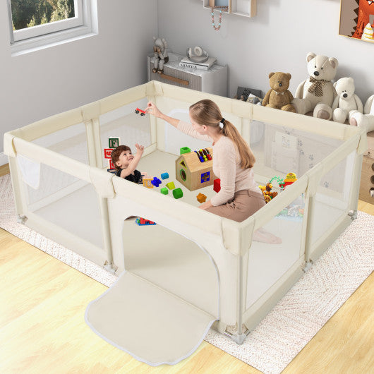 75 x 59 Inch Large Baby Playpen with Breathable Mesh and Zipper Doors-Beige