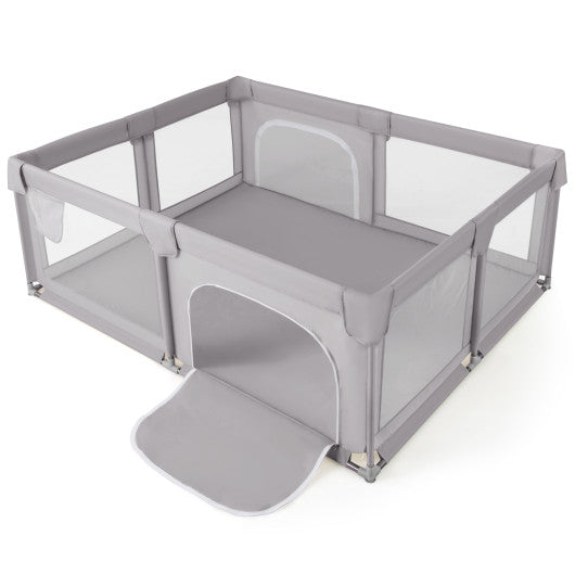 75 x 59 Inch Large Baby Playpen with Breathable Mesh and Zipper Doors-Gray