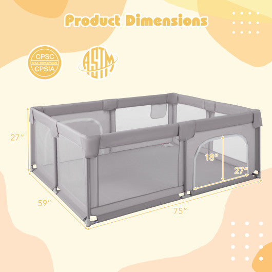 75 x 59 Inch Large Baby Playpen with Breathable Mesh and Zipper Doors-Gray