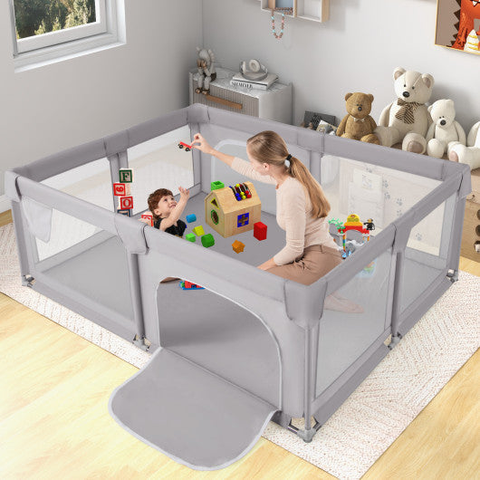 75 x 59 Inch Large Baby Playpen with Breathable Mesh and Zipper Doors-Gray