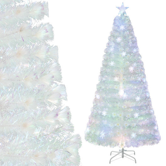 5/6/7 Feet Pre-Lit White Artificial Christmas Tree with Iridescent Leaves-7 ft