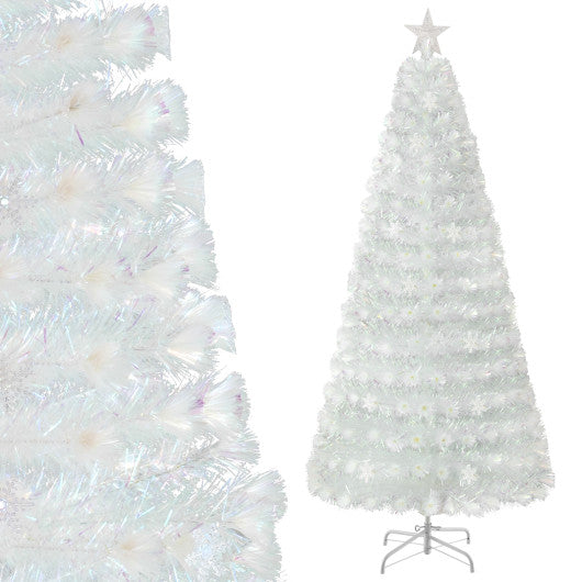5/6/7 Feet Pre-Lit White Artificial Christmas Tree with Iridescent Leaves-7 ft