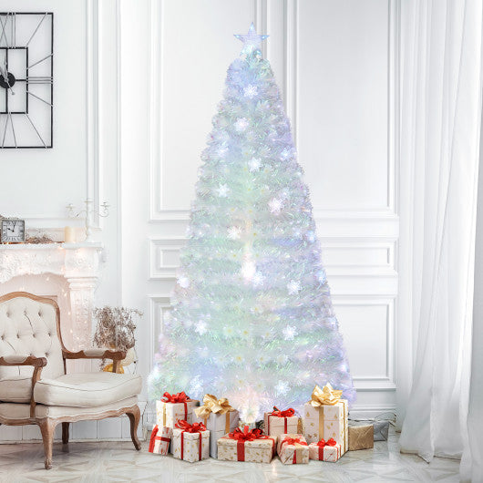 5/6/7 Feet Pre-Lit White Artificial Christmas Tree with Iridescent Leaves-7 ft