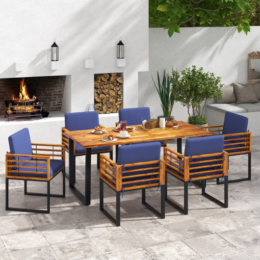 7 Pieces Patio Acacia Wood Dining Chair and Table Set for Backyard and Poolside-Navy