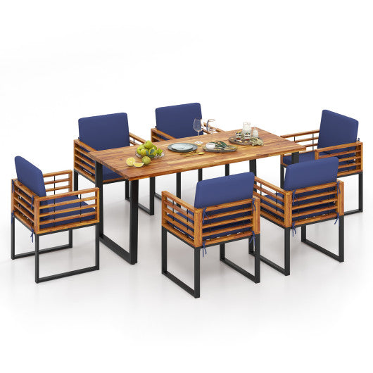 7 Pieces Patio Acacia Wood Dining Chair and Table Set for Backyard and Poolside-Navy