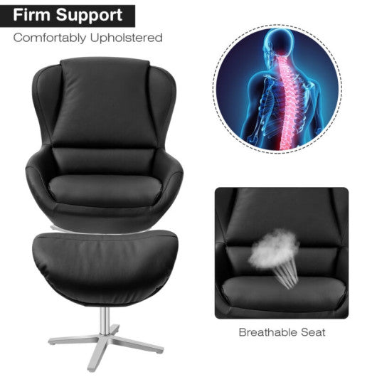 360°  Swivel Leather Lounge Chair with Ottoman and Aluminum Alloy Base-Black