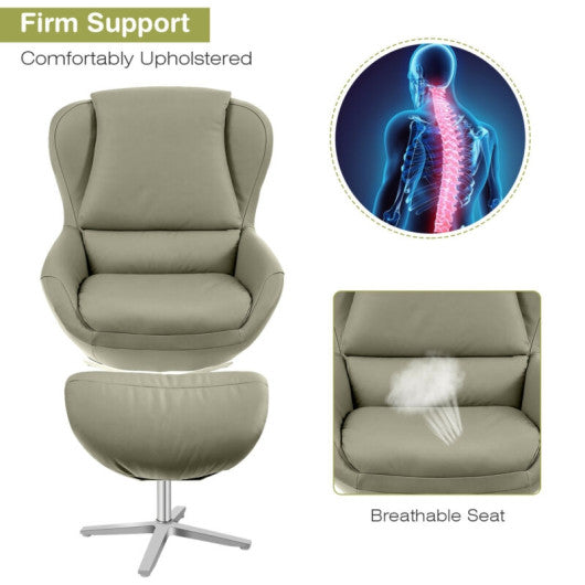 360°  Swivel Leather Lounge Chair with Ottoman and Aluminum Alloy Base-Gray