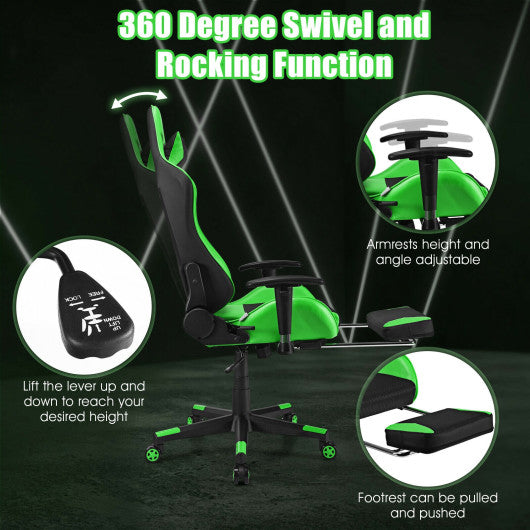 PU Leather Gaming Chair with USB Massage Lumbar Pillow and Footrest-Green