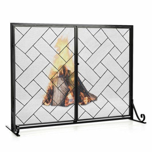 2-Panel Fireplace Screen Folding Metal Fire Place Safety Fence with Magnetic Doors-Black