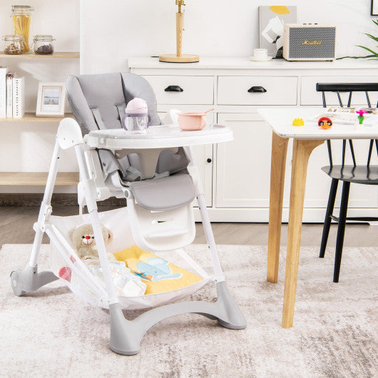 Baby Convertible Folding Adjustable High Chair with Wheel Tray Storage Basket-Gray