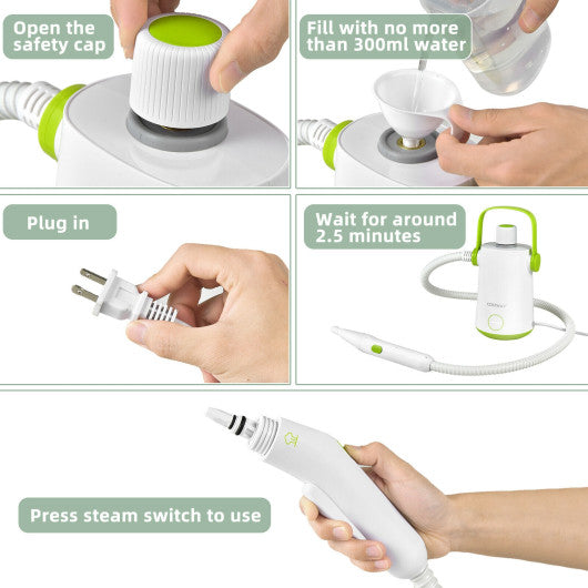 1000W Multifunction Portable Hand-held Steam Cleaner with 10 Accessories-Green