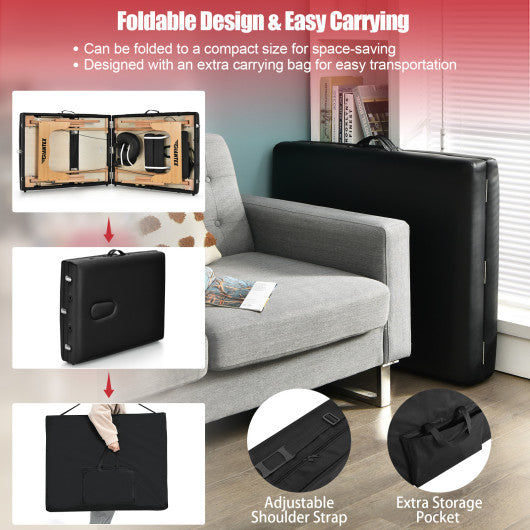 3 Fold Portable Adjustable Massage Table with Carry Case-Black