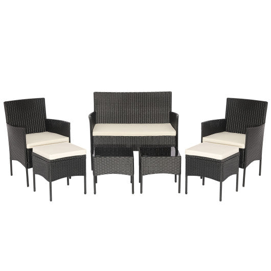 7 Piece Rustproof Wicker Outdoor Sofa Set with Coffee Tables and Ottomans