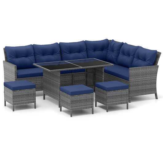 7 Pieces Patio Dining Furniture Set with Soft Cushions and Ottomans-Navy