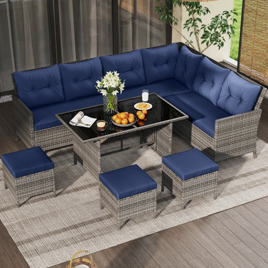 7 Pieces Patio Dining Furniture Set with Soft Cushions and Ottomans-Navy