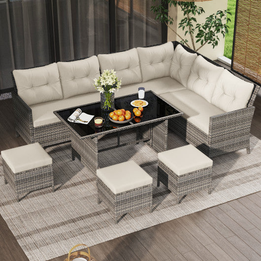 7 Pieces Patio Dining Furniture Set with Soft Cushions and Ottomans-White