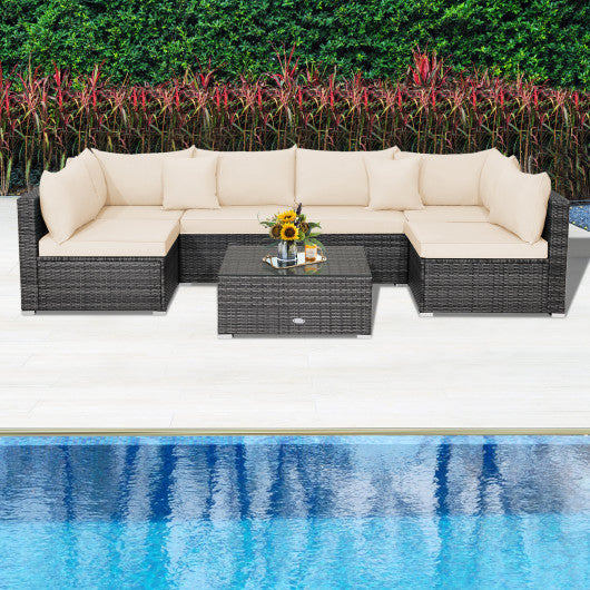 7 Pieces Patio Rattan Furniture Set with Sectional Sofa Cushioned-Beige