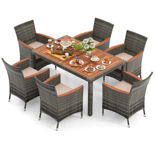 7 Pieces Patio Acacia Wood Cushioned PE Rattan Wicker Dining Set