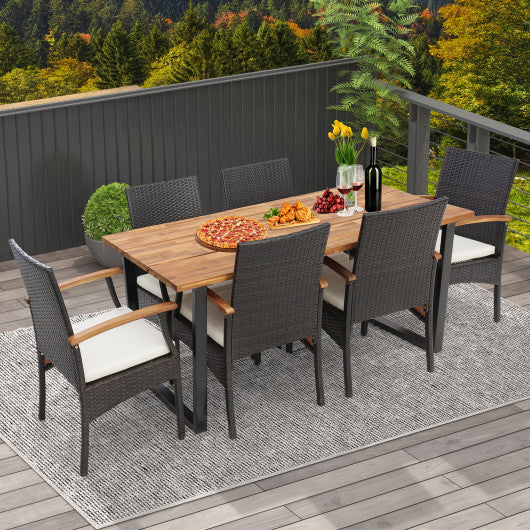 7 Pieces Outdoor Wicker Chair and Dining Table Set-Wood Handrail