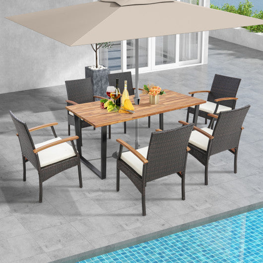 7 Pieces Outdoor Wicker Chair and Dining Table Set-Wood Handrail