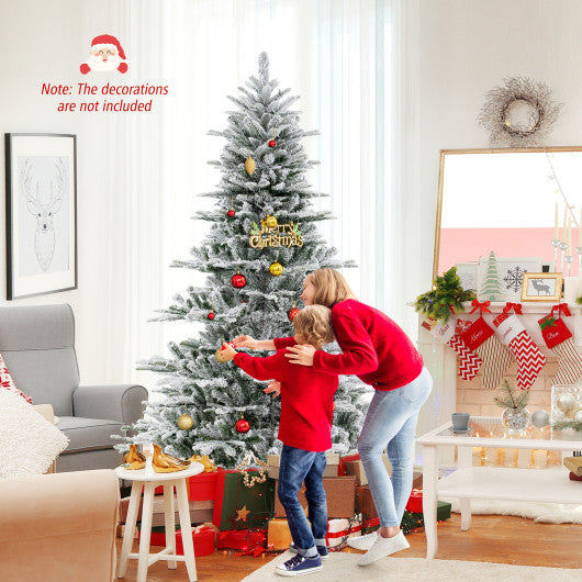 7 Feet Snow Flocked Artificial Christmas Tree with Cool White LED Lights