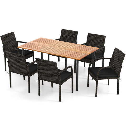 7 Pieces Patio Rattan Cushioned Dining Set with Umbrella Hole-Black