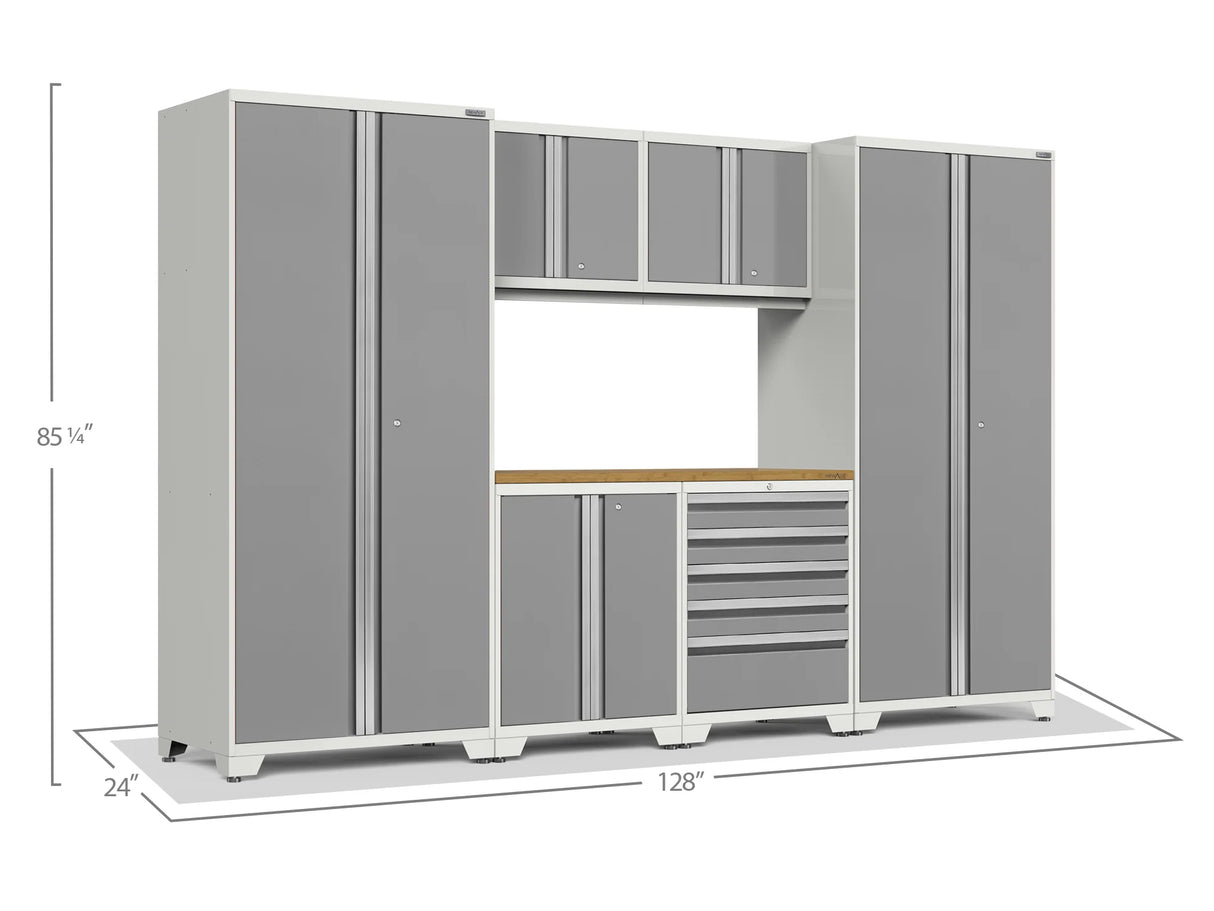 Pro Series 7 Piece Cabinet Set with Base, Wall, Tool Drawer Cabinet, Lockers and 56 In. Worktop