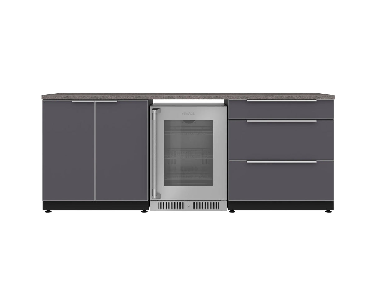 Outdoor Kitchen Aluminum 5 Piece Cabinet Set with 3-Drawer, 2-Door Cabinet, Countertops and Fridge