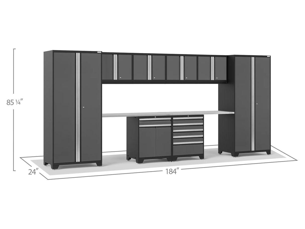 Pro Series Gray 10 Piece Cabinet Set with Wall, Tool Drawer, Multi-Function Cabinet, Lockers and 112 In. Worktop