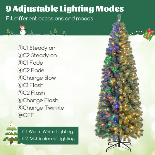 7.5 Feet Pre-Lit Blue Artificial Christmas Tree Slim with 9 Lighting Modes-7.5 ft