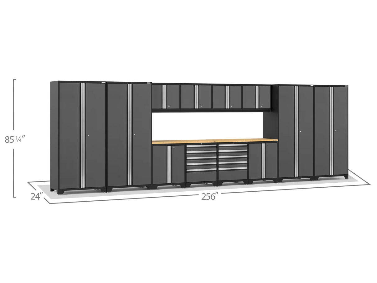 Pro Series 14 Piece Cabinet Set with Lockers, Base, Wall, Tool Drawer Cabinets and 56 In. Worktop