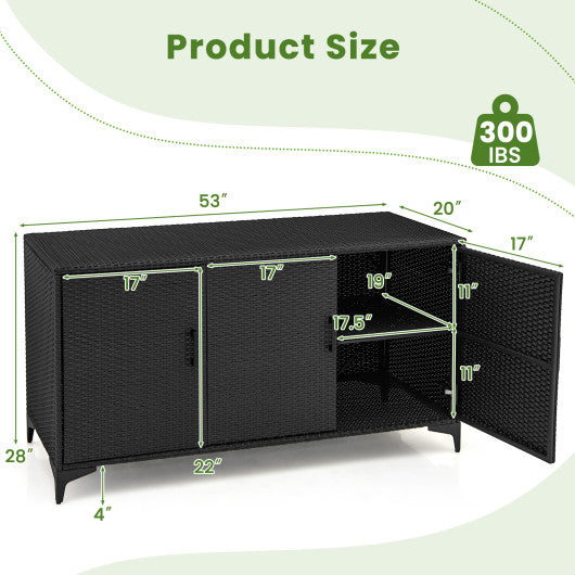 84 Gallon Patio Wicker Deck Box 3-Door PE Rattan Storage Container with Removable Shelves-Black