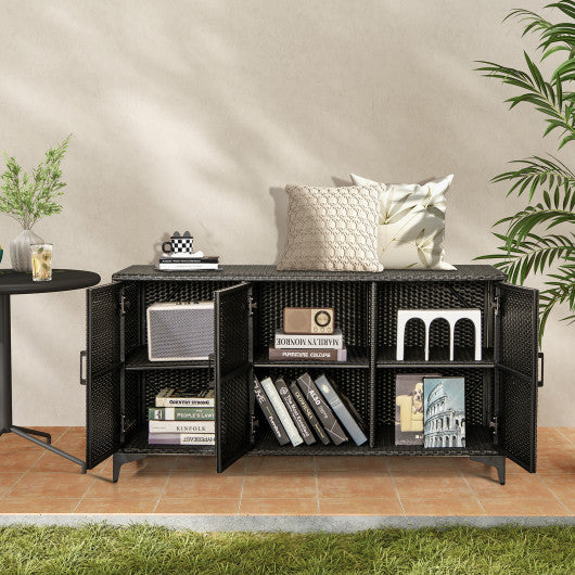 84 Gallon Patio Wicker Deck Box 3-Door PE Rattan Storage Container with Removable Shelves-Black