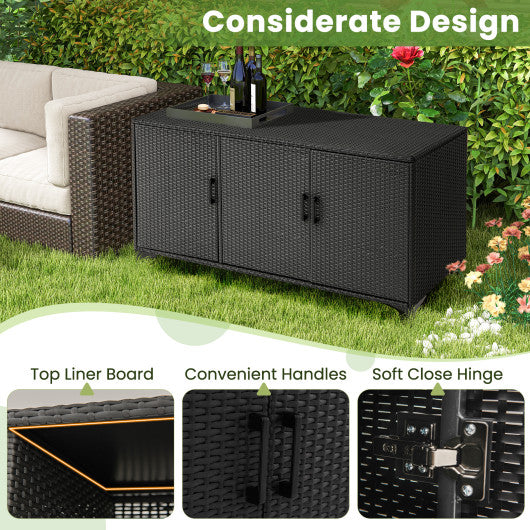 84 Gallon Patio Wicker Deck Box 3-Door PE Rattan Storage Container with Removable Shelves-Black