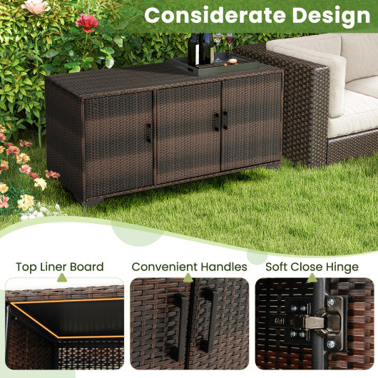 84 Gallon Patio Wicker Deck Box 3-Door PE Rattan Storage Container with Removable Shelves-Brown