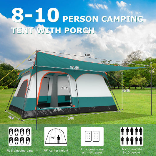 8-10 Person Camping Tent with Double Rooms and 2 Doors-Green