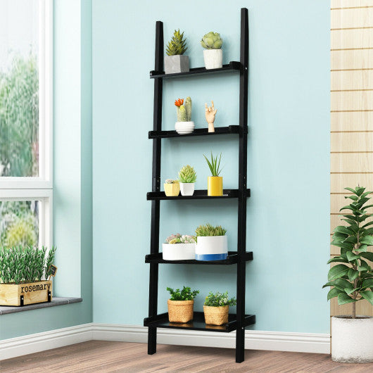 5-Tier Wall-leaning Ladder Shelf Display Rack for Plants and Books-Black