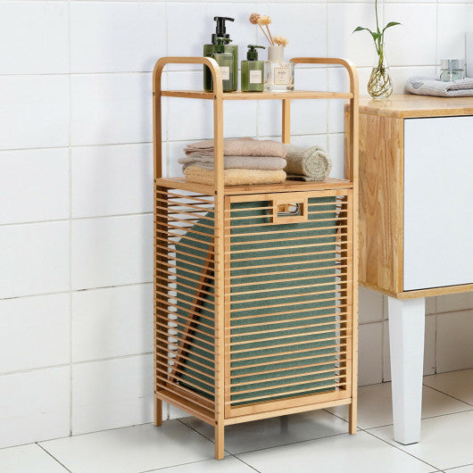 Tilt-out Bamboo Laundry Hamper with 2-Tier Shelf and Removable Liner-Natural