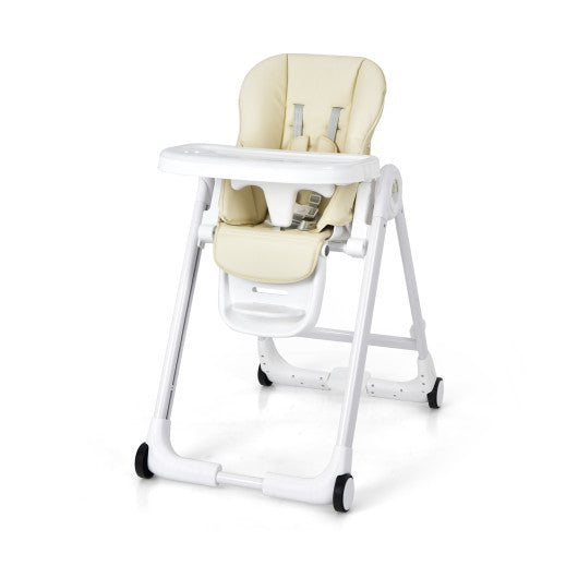 Baby Folding Convertible High Chair with Wheels and Adjustable Height-Beige
