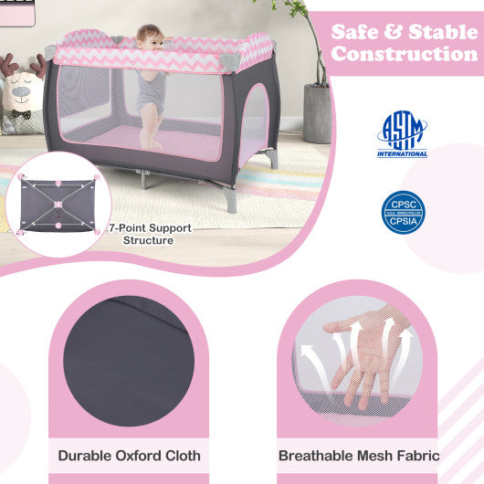 3-in-1 Portable Baby Playard with Zippered Door and Toy Bar-Pink