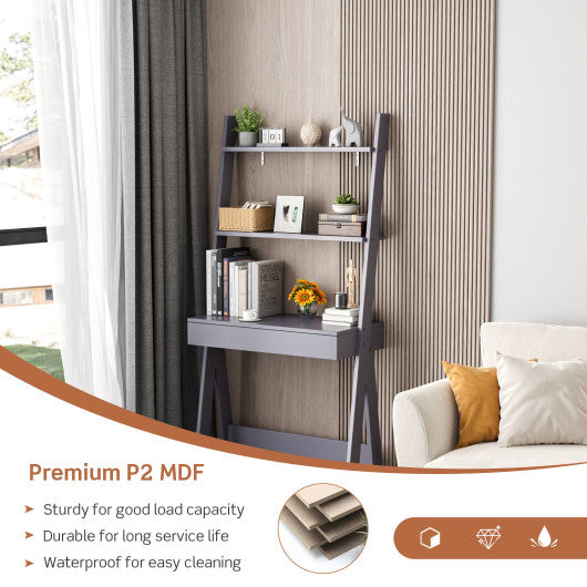 Ladder Shelf Desk Bookcase with Countertop Drawer and 2 Shelves-Gray