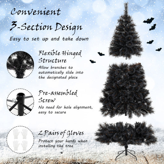 6/7/8 Feet Black Artificial Halloween Christmas Tree with PVC Branch Tips and 210/320/450 Cool White LED Lights-L