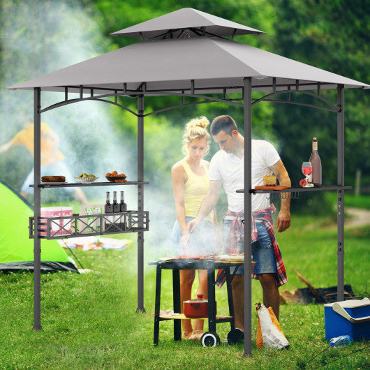 8 x 5 Feet Outdoor Grill Gazebo with 2 Side Shelves and 10 Hooks-Gray