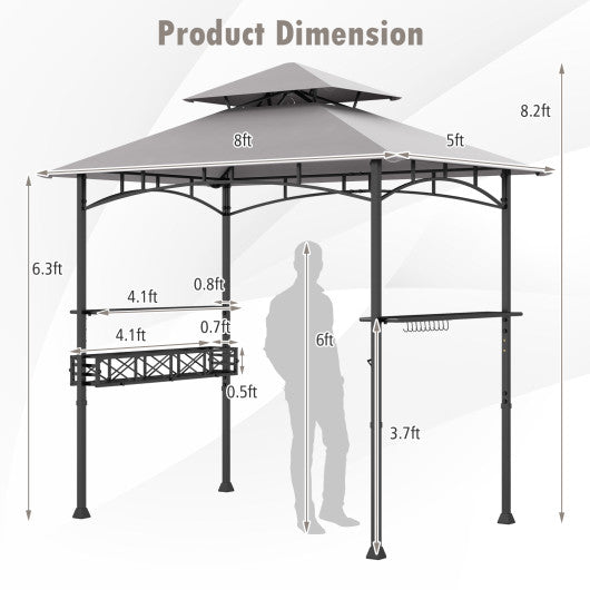 8 x 5 Feet Outdoor Grill Gazebo with 2 Side Shelves and 10 Hooks-Gray
