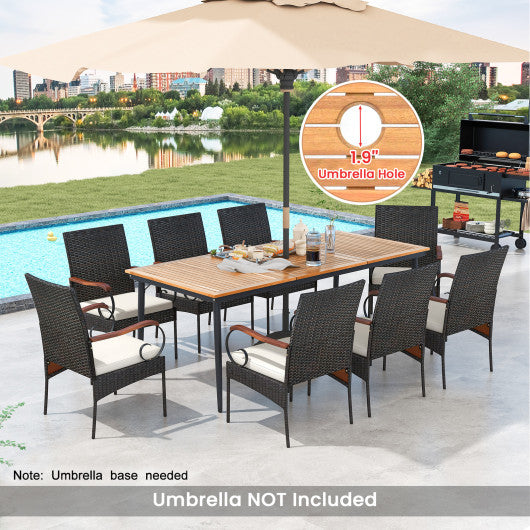 79 Inch Outdoor Dining Table and 8 Rattan-woven Dining Chairs with Acacia Wood Tabletop