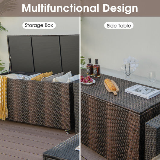 96 Gallon PE Wicker Outdoor Storage Box with 4 Wheels-Brown