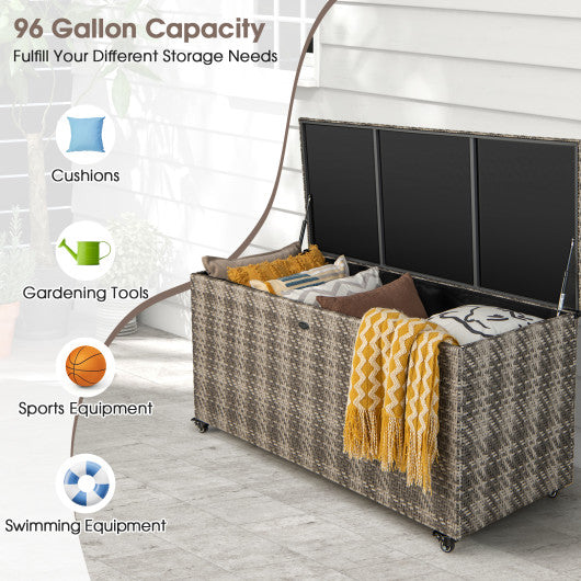 96 Gallon PE Wicker Outdoor Storage Box with 4 Wheels-Gray